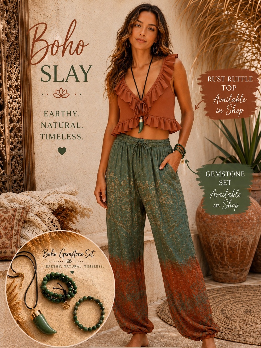 Rhea Boho Crinkle Harem Pants One Size NWT Sage Green Rust Ombré 100% Viscose
